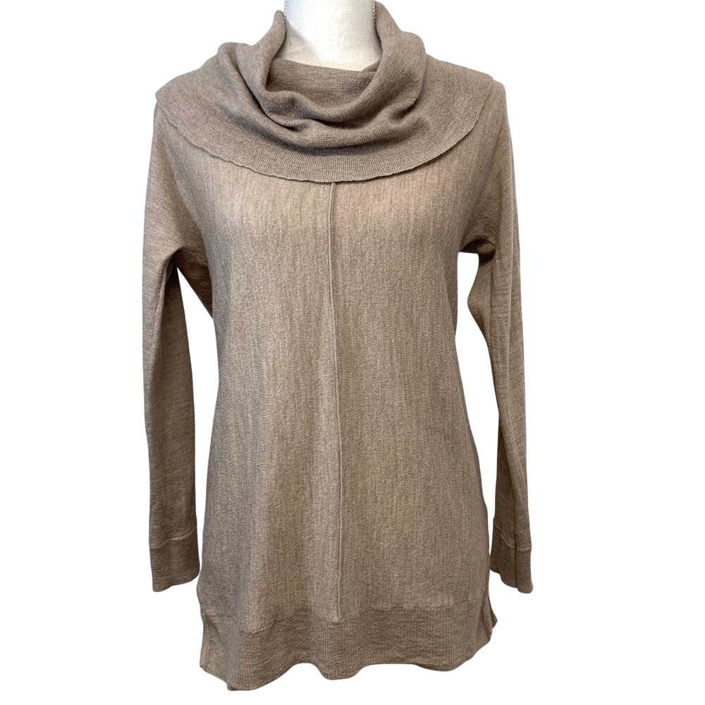 Tahari Extra Fine Merino Wool Cowl Neck Tunic Sweater Neutral Minimal Medium